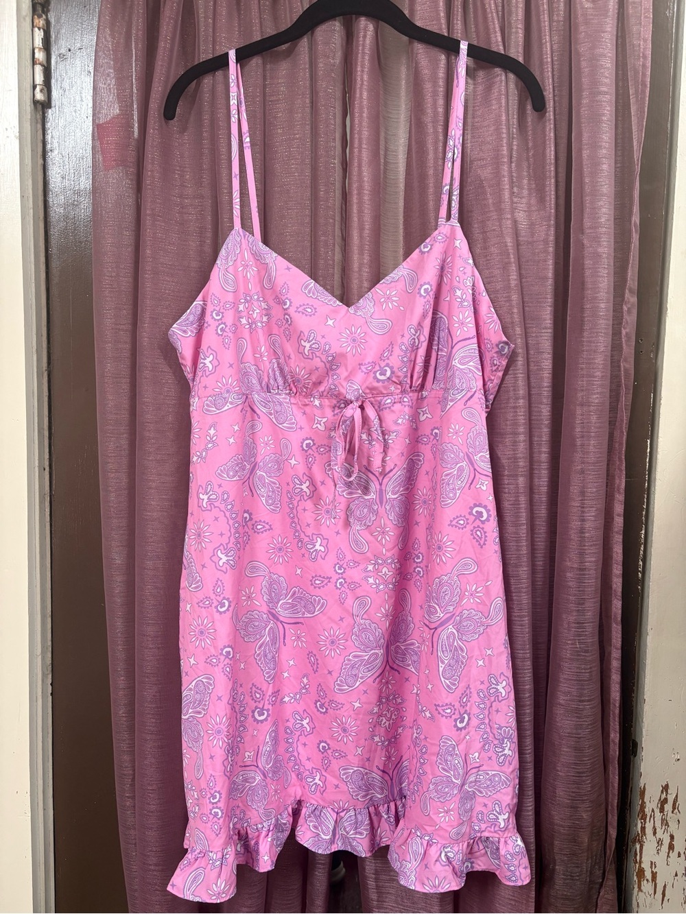 Dollskill Sugar Thrillz Pink Paisley Butterfly Slip Mini Dress with Tie Waist